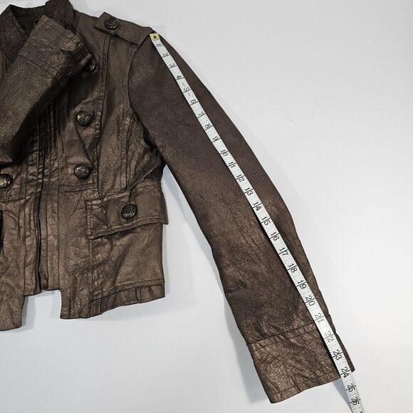 Y2K BEBE Metallic Leather Military Jacket Bronze 100% Pig Suede Steampunk Size S - Picture 8 of 9